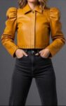 Handmade Mustard Yellow Leather Cropped Jacket – Puff Sleeves