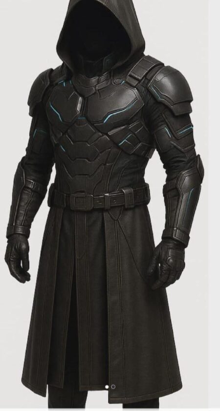 Futuristic Black Leather Cloak with Armored Chest Plate – Cyberpunk Warrior Hooded Outfit