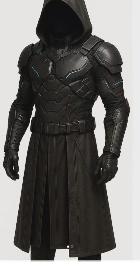Futuristic Black Leather Cloak with Armored Chest Plate – Cyberpunk Warrior Hooded Outfit
