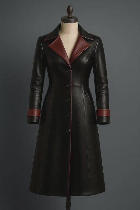 Real Black Leather Trench Coat: Tailored Fit, Longline Design