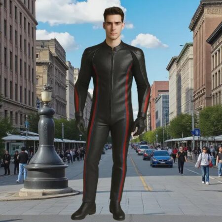 Men's Leather Jumpsuit: Red & Blue Accents, Slim Fit - Custom Made
