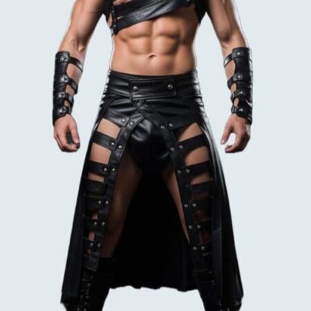 Handmade Mens Gladiator Goat Leather Costume: Gothic Cosplay Kilt & Bracers Set