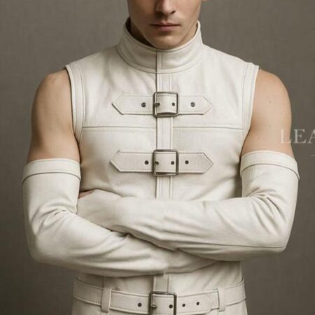 Handcrafted White Goat Leather Vest with Sleeves | Cosplay Costume