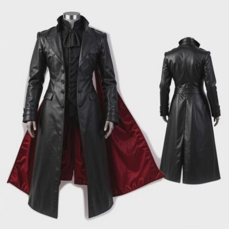 Men’s Gothic Vampire Trench Coat – Long Black Leather Jacket with Red Lining