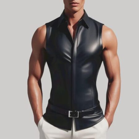 Handmade Black Leather Sleeveless Shirt: Slim Fit Biker Vest